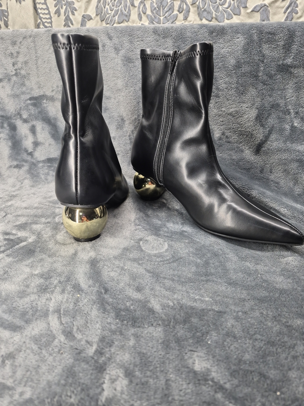 A New Fay Pointed Toe Gold TonedHeel Stretch Ankle Boots   7.5 Side Zipper